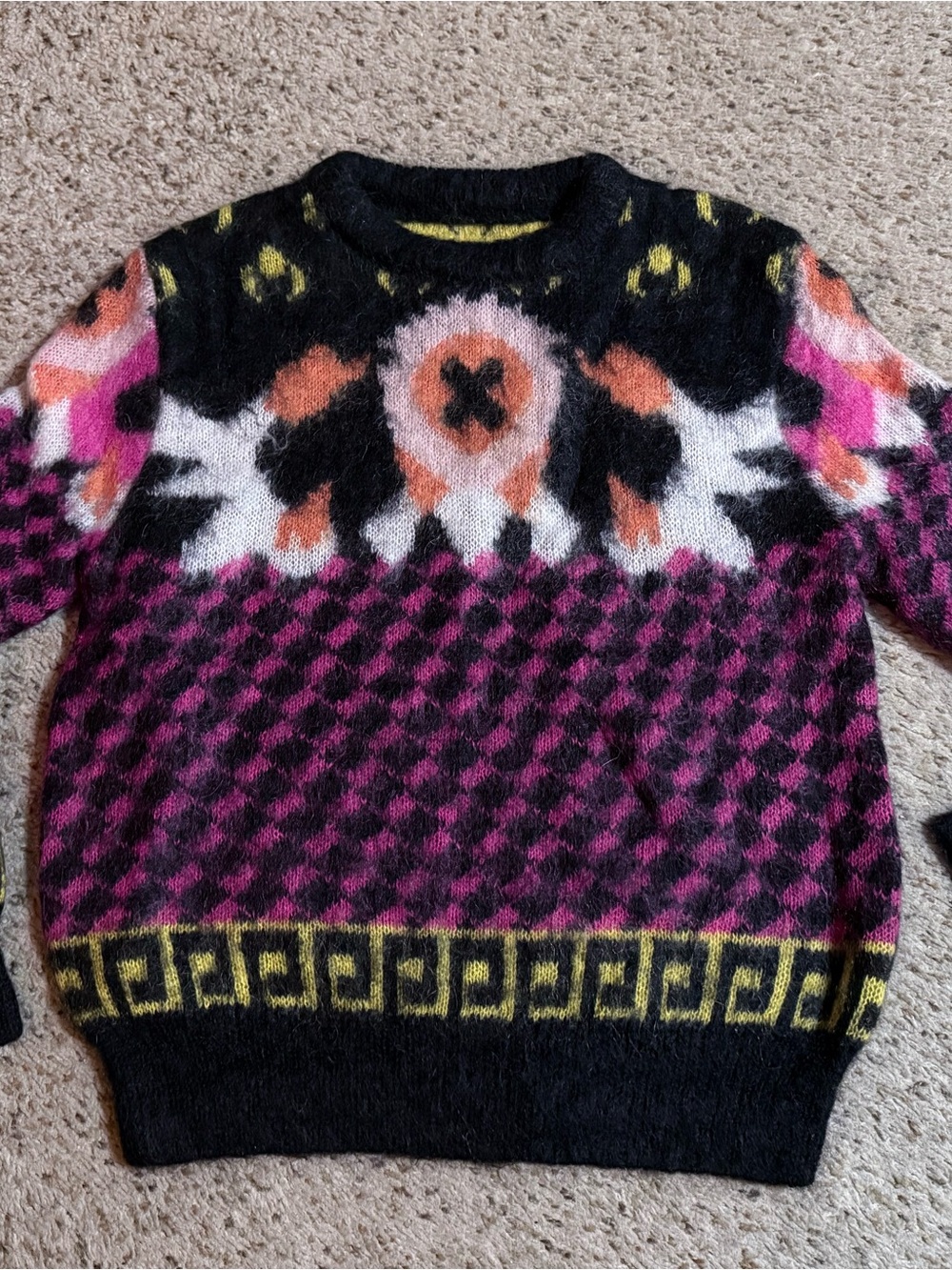 Vintage-Style Fuzzy Mohair-Blend Colorblock Patterned Knit Sweater